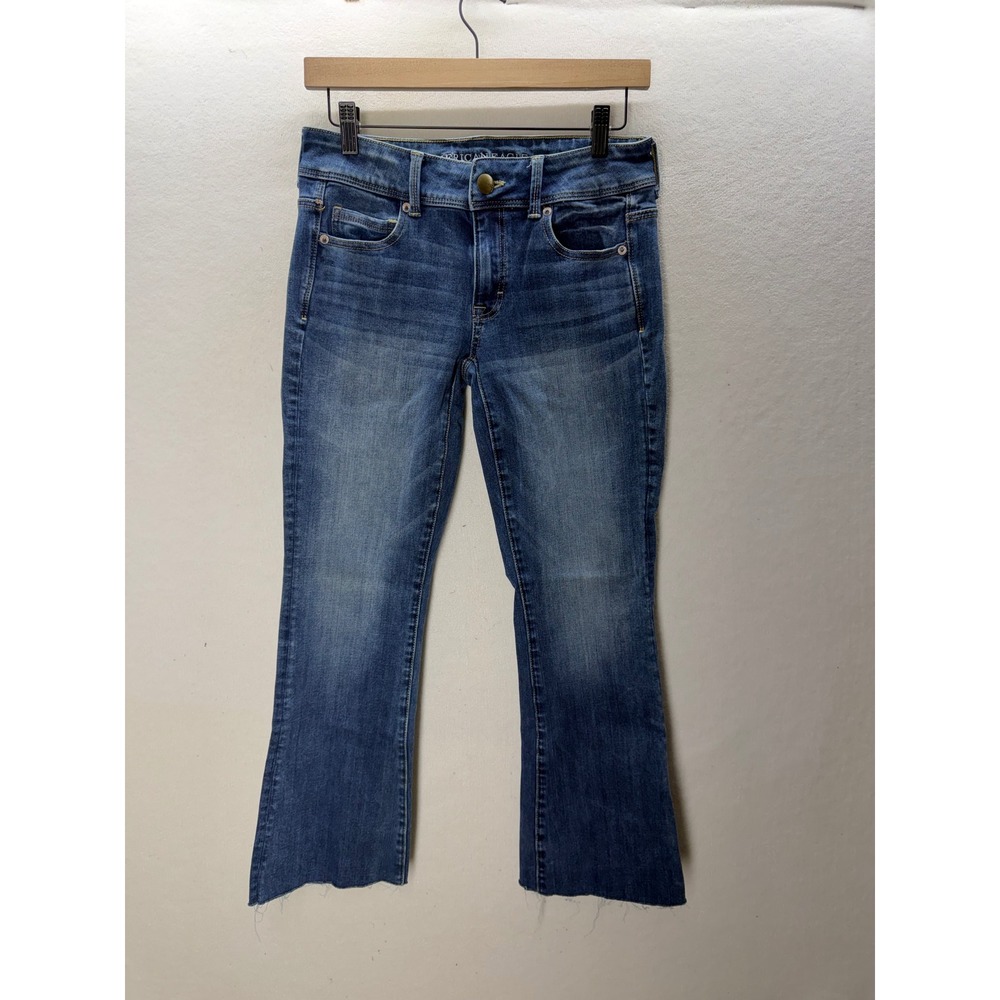 American Eagle Kick Boot Jeans Womens 4 Short Blue Raw Hem Stretch 3625